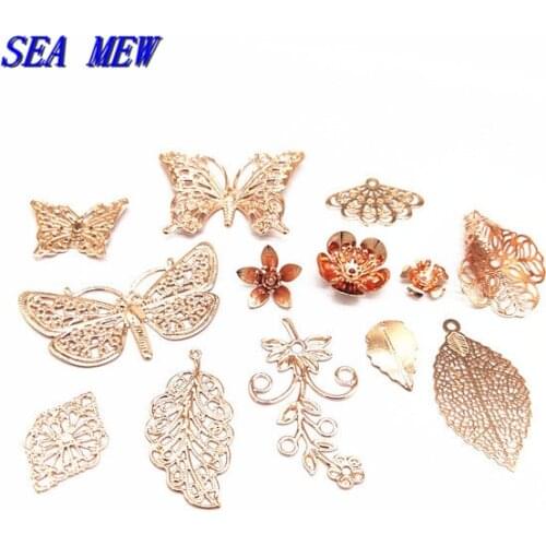 20pcs Mixed Metal Brass Rose Gold Silver Plated Charms Filigree Leaf Flowers Butterfly DIY Accessories For Jewelry Making