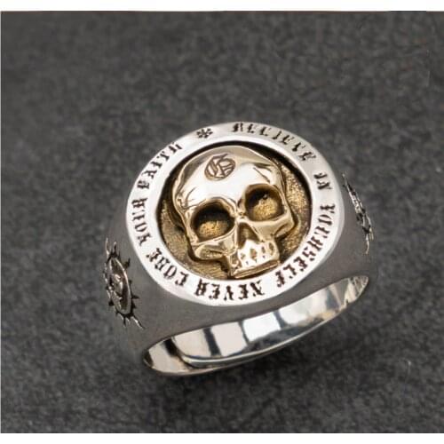 Real 925 Sterling Silver Mens Skull Symbol vintage soul open punk ring rings Jewelry Gift A4520