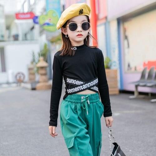 Kids Girls Short Tight T-shirt Fashion Long Sleeve Black Tops 2020 Autumn Teenage Girls Cool Outfit 8 10 12 years