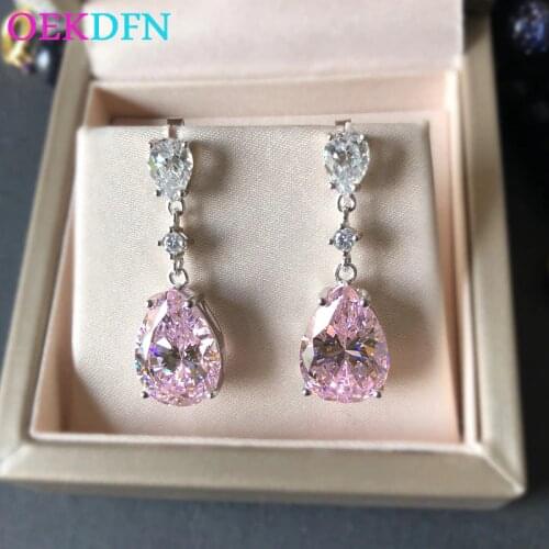 OEKDFN Luxury 100% 925 Sterling Silver Drop Earrings For Women Pink Dropwater AAAAA+ Zircon Gemstone Party Wedding Fine Jewelry
