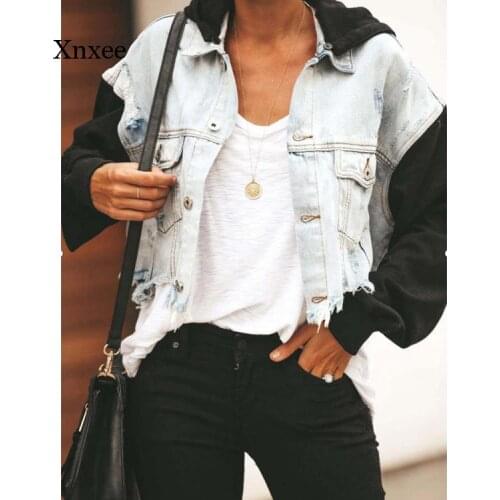 Autumn Womens Sexy Ripped Patchwork Denim Jacket Plus Size Retro Casual Denim Jacket Long-Sleeved Jacket Streetwear