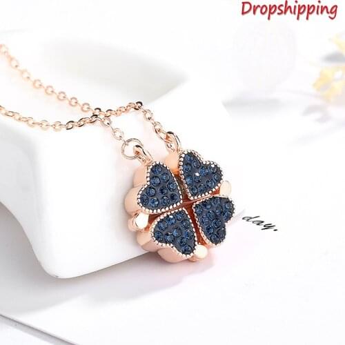 Four Leaf Clover Necklace Hearts Pendant Fodable Rotating Unique Designs Lucky Fortune Choker Necklace For Women Girls Jewelry