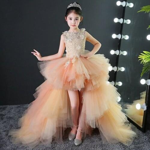 Girl Princess Dress Champagne Applique Detachable Train Flower Girl Dresses for Wedding Hollow Kid Party Communion Dress