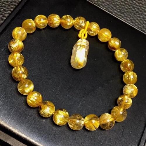 Genuine Natural Gold Rutilated Titanium Quartz Bracelet 7.5mm Woman Man Wealthy Clear Pi Xiu Pendant Carved Pendant AAAAA