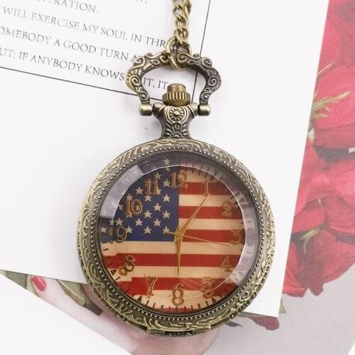 Best Selling Fashion American Flag Vintage Bronze United States Army Quartz Pocket Watches with Fob Chain for Men Women CF1061