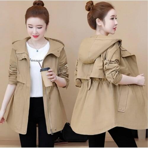 Spring Autumn Women Trench Coat New Drawstring Elastic Waist Hooded Outerwear Korean Large Size Windbreaker Female Basic Coat