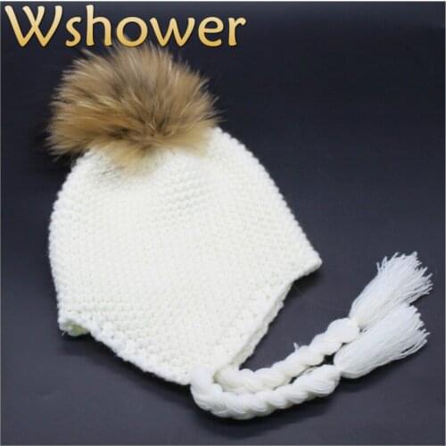 Which in shower Real Natural Raccoon Fur Pom Pom Children Winter Hat Pompom Ball Kids Boy Girl Ear flap Bomber Hat Beanie Cap