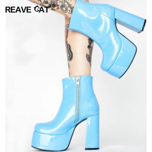 REAVE CAT 2021 Ladies Ankle Boots Zip Round Toe Platforms Candy Color Punk 8cm Chunky Heel US12 Yellow Green Purple Orange A4367
