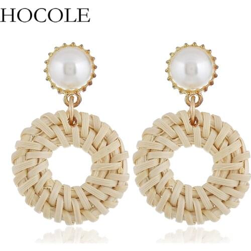 Bohemian Inmitation Pearl Charm Straw Weaving Rattan Knit Hollow Circle Drop Earrings For Women Statement Party Jewelry Bijoux