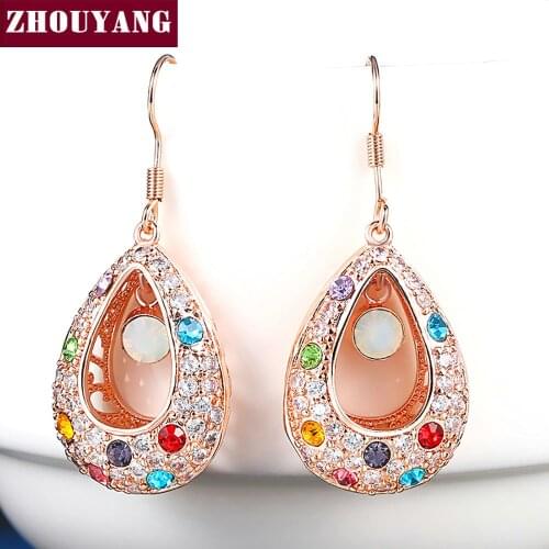 ZHOUYANG Drop Earrings For Women Princess Hollowout Multicolor Crystal Rose Gold Color Birthday Gift Fashion Jewelry E091