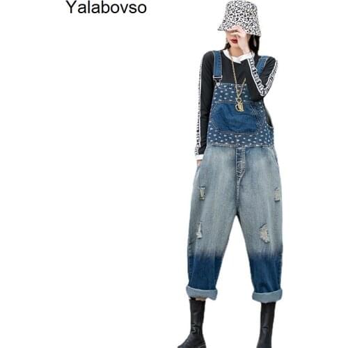 Womens 2021spring New Korean High Waist Loose Casual One-piece Pants Color Contrast Washed Denim Suspenders Jumpsuits Yalabovso
