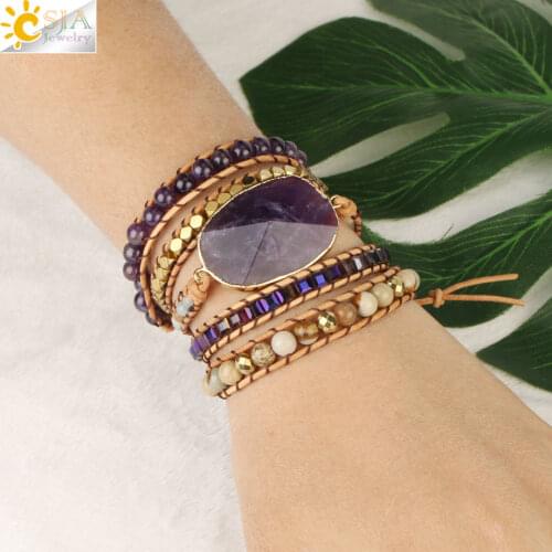 CSJA Natural Stone Multilayer Leather Wrap Bracelets Purple Crystal 5 Strand Bracelet for Women Bohemian Handmade Jewelry S572