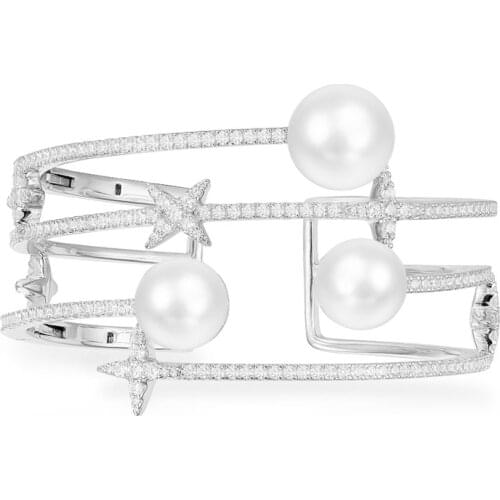 SLJELY Luxury 925 Sterling Silver Zircon Triple Layer Open Cuff Stars Freshwater Pearls Bangle Bracelet Women Fine Jewelry