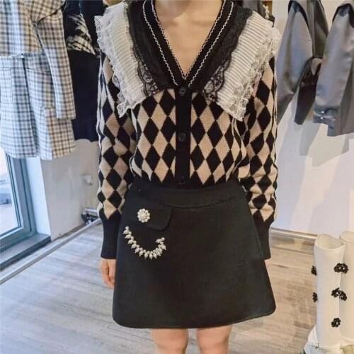 High Quality Brand New Lace Ruffles V-Neck Knit Cardigans Black Woolen Cloth Mini A-Line Skirt Fall Winter Women Fashion Set