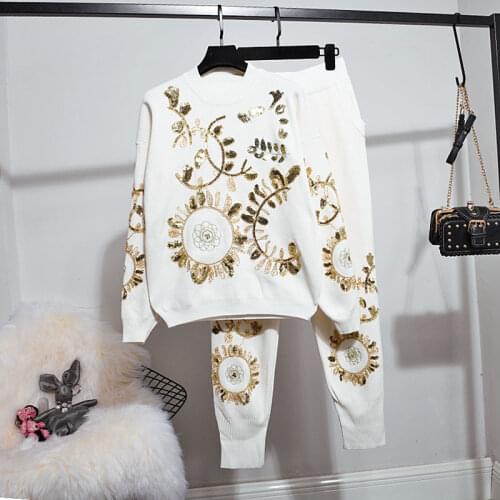 Knitted Tracksuit Women Set Handwork Gold Leaf Sequins Embroidery Sweater Pants 2pcs Loose White Black Knitting Outfits Female