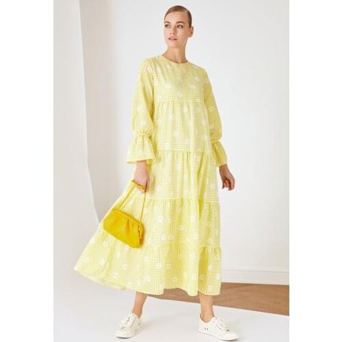 Trendyol Modest Yellow Flower Patterned Lining Cotton Dress, hijab clothing, dress, muslim fashion, 100 cotton, casual, discount