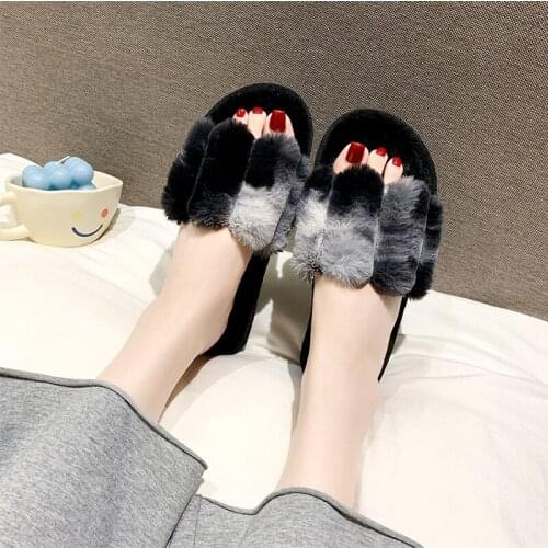 Winter Cotton Shoes Woman Flat Warm Plush Ladies Fur Slippers Mixed Color Cute Furry Slides for Female Outdoor Footwear