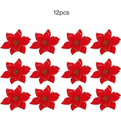 12Pcs Glitter Poinsettia Artificial Flower Christmas Wreath Tree Decor Xmas Gift Party Wedding Home Embellishment Garlands
