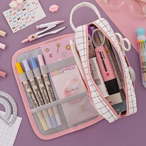 Ins Pencil Case Junior High School Simple Large-capacity Multi-purpose Pen Curtain Primary Canvas Pencil Case Stationery Bag