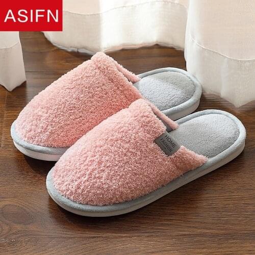 ASIFN Home Cotton Slippers Womens Winter Slippers Men Home Faux Fur Warm Indoor House Non-Slip Zapatos De Mujer Women Men Shoes