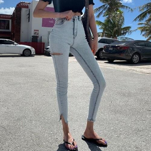 Streetwear Light Blue High Waist Stretch Skinny Women Jeans Pants Split Cuff Ripped Hole Female Pencil Jeans 2019 Women Trousers