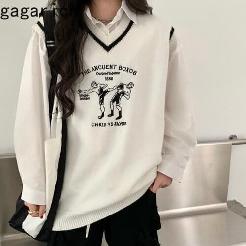 Gagarich Woman Knitting Vest Autumn 2021 New Cartoon Embroidery Ins Fashion All-match V-neck Sleeveless Casual Female Sweater