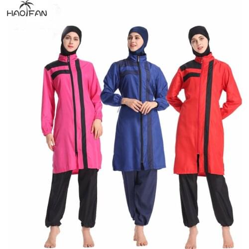 HAOFAN Long Micro Sleeves Straight Full Hijab Swimwear Muslim Hijab Islamic Swimsuit Burkini Turkey Full Cover with Swim Hat