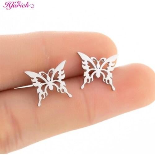 Hfarich Cute Gold Silver Color Butterfly Stud Earring For Women Stainless Steel Snake Bee Whale Cat Birld Earrings Party Jewelry