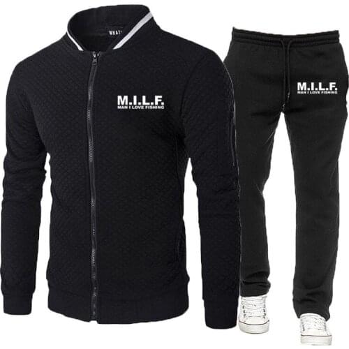 2021 New Spring Autumn Milf Man I Love Fishing Printing 2 Pieces Tracksuit Jogging Sports Zipper Hoodie+Pants Sportswear Suit