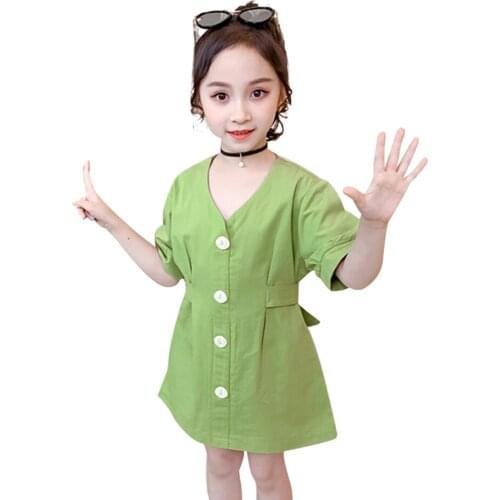 Girls Summer Dresses V-neck Party Dresses Casual Style Childrens Dresses Girls Solid Color Clothing 6 8 10 12 14