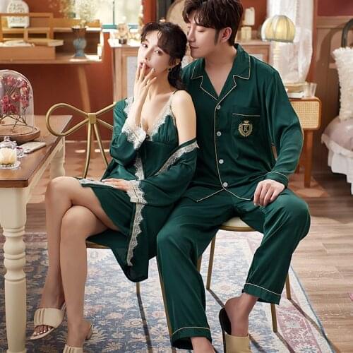 Summer Ice Silk Men Pajamas Women Robe Sets V Neck Plus Size Home Service Suit Casual Couples Sleepwear Nightwear