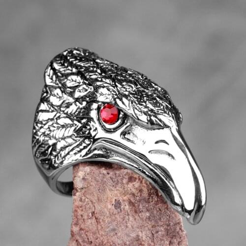 Stainless Steel Man Men Rings Rock Punk Hip Hop Crow Bird Head Red Rhinestone Personality for Male Boy Fashion Jewelry Gift
