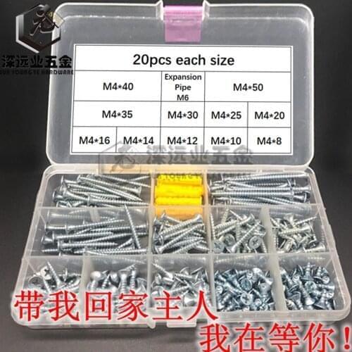 Screws Assortment Kit 480pcs/2set M4 Carbon Steel Phillips Flat Head Self-tapping Screw Wall Anchor Expansion Pipe Diy Screw Kit