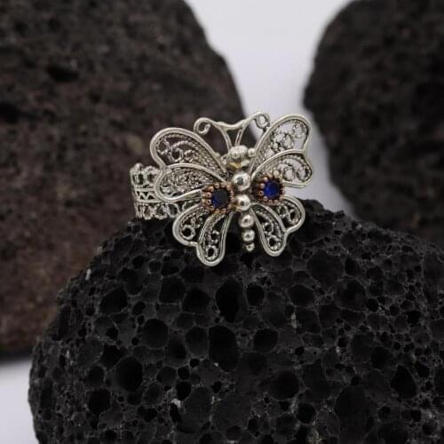 Original Silver Emerald Filigree Ring Inlaid Mardin Assyrian Turkish Special Adjustable Finger Width Women Jewelry Throttle Blue