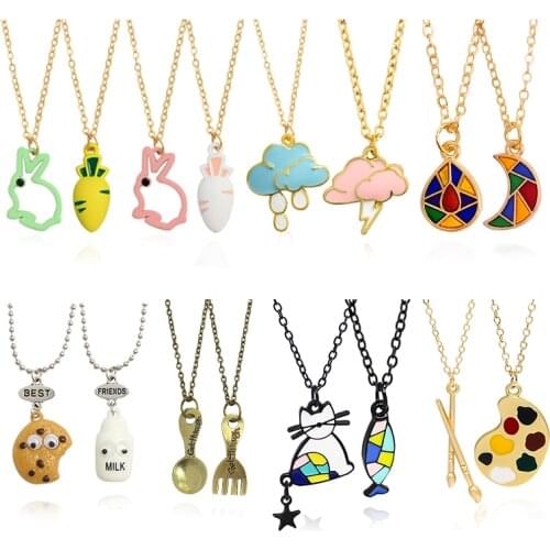 Best Friends Necklace Rabbit/Carrot Cat/Fish Cookies/Milk Spoon/Fork Moon Cloud Pendant Necklace Friends Friendship Jewelry Gift