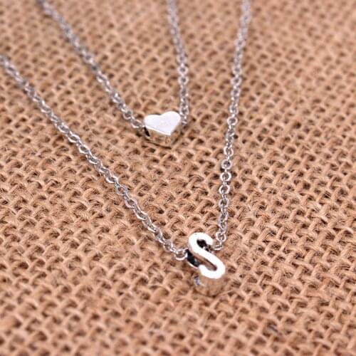 Hot Sale Heart Initial Double Layer Nameplate Necklace Silver Colour Dainty Necklace 26 Letter Name Jewelry Girlfriend Gift E002