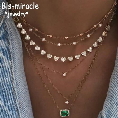 Boho Fashion Pendant Necklaces For Women Vintage Gold Heart Shape Crystal Green Stone Necklace Multilayer Female Jewelry Gift