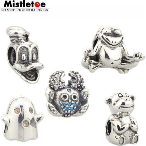Authentic 925 Sterling Silver Animals Crab penguin ghost Frog Dog Duck Blue CZ Charm Bead Fit European Bracelet Jewelry
