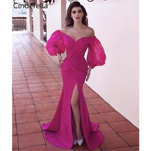 Cinderella Fuchsia Puffy Long Sleeves V-Neck Satin Side Slit Sweep Train Mermaid Evening Dresses vestidos de fiesta de noche