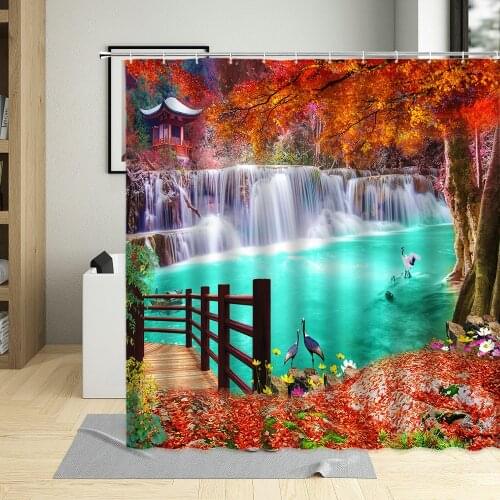 Autumn Waterfall Scenery Shower Curtain Natural Landscape Forests Bathroom Decoration With Hooks Waterproof Curtains Fabric Sets