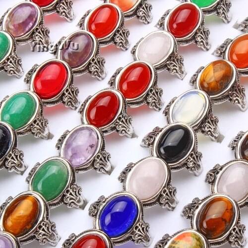 Yingwu Vintage Big Mix Color Nature Tiger eye Aventurine Oval Stone Rings For Women Antique Silver Color Jewelry Anel 5pcs/lot