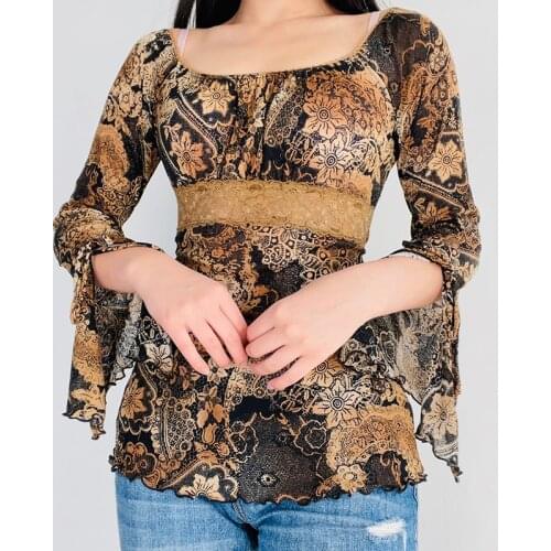 SUCHCUTE Floral Printing Women T-Shirts Slim Long Sleeve Vintage Elegant Ladies Casual Y2K Tops Streetwear Harajuku Tee Shirts