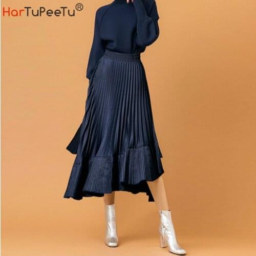 Elastic High Waist Pleated Skirt Women Patchwork Ruffles Irregular Midi Skirts Vintage White Black Navy 2020 Summer Autumn