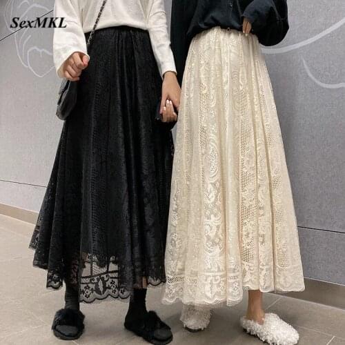 Elastic High Waist Lace Pleated Skirts Women Long Summer Skirt 2021 Korean Elegant Casual A-line Black Apricot Long Maxi Skirts