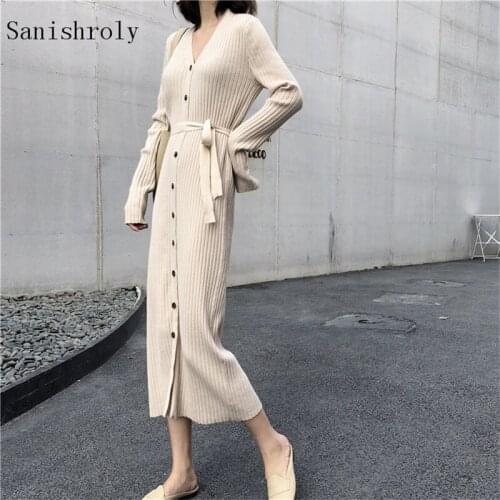 Split Single-breasted Sweater Dress Autumn Winter Women V Neck Sashes Knitted Dress Female Long Sleeve Pullovers Long Dresses