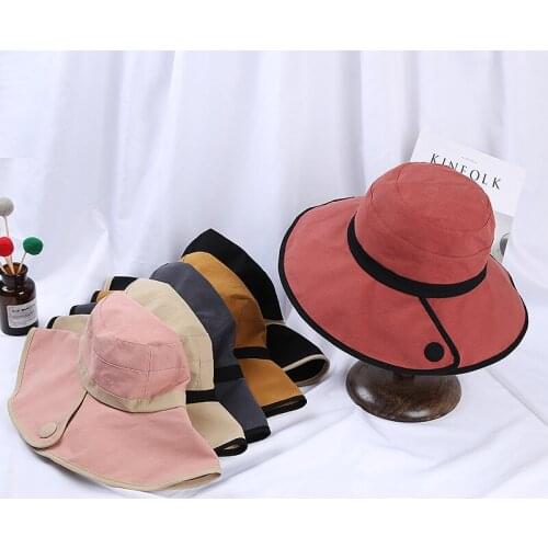 2021 Summer New Sunshade Hat Female Japanese Big Edge Sunscreen Outdoor Travel Button Foldable Fishermans Hat Basin Hat