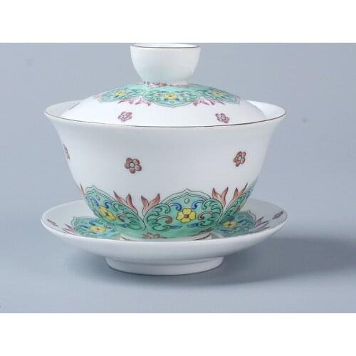 Enamel Flower Gaiwan Ceramic Drinkware Porcelain Office Kung Fu Master Tea Bowl with Saucer Lid Creative Gifts