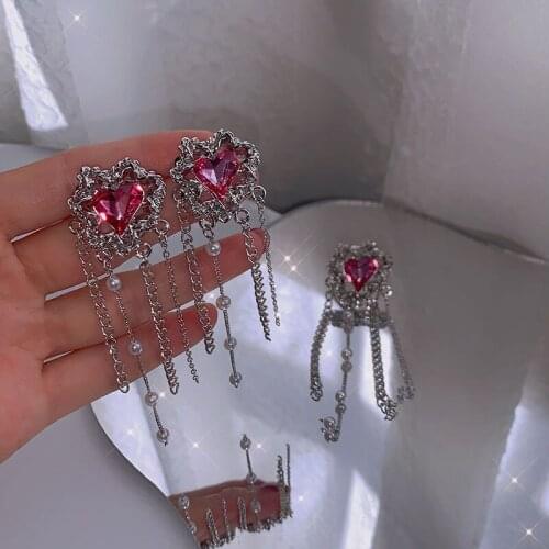 Korean Luxury Elegant Yarn Heart Crystal Long Tassel Drop Earrings For Women Girls Holiday Party Jewelry