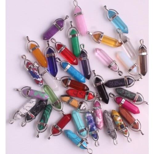 24pcs/lot Healing Point Chakra Pendants Hexagonal Column Crystals Bullet Stone DIY Pendulum Beads For Jewelry Making Free Ship