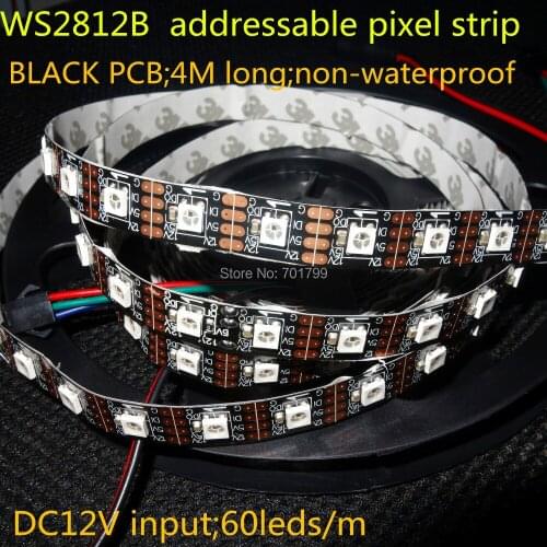 4m DC12V WS2812B addressable pixel strip,non-waterproof,60pcs WS2812B/M with 60pixels;72W;BLACK pcb;4pin